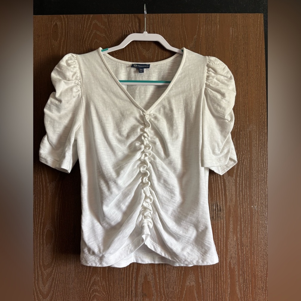 Democracy Cream Ruched V-Neck Puff Sleeve Top